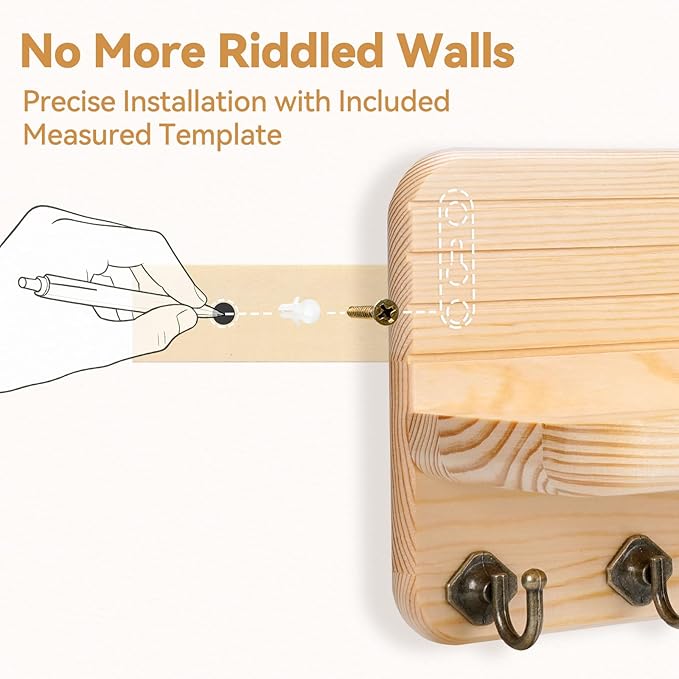 Key Holder for Wall, Mail Organizer Wall Mount with 6 Hooks Wooden Hanging Key Rack for Home Decor, Hallway, Entryway (Wood Color)