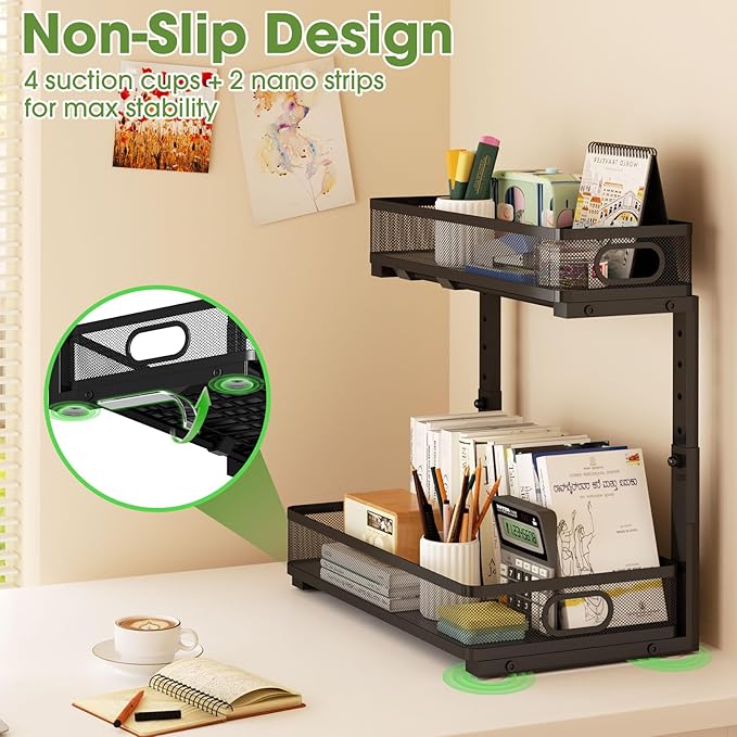 Under Sink Organizer 4-Pack, Metal 2-Tier Pull-Out Cabinet Shelf with Slide-Out Mesh Drawers, Height Adjustable, Space-Saving Under Sink Storage Racks for Kitchen, Bathroom, Laundry Room