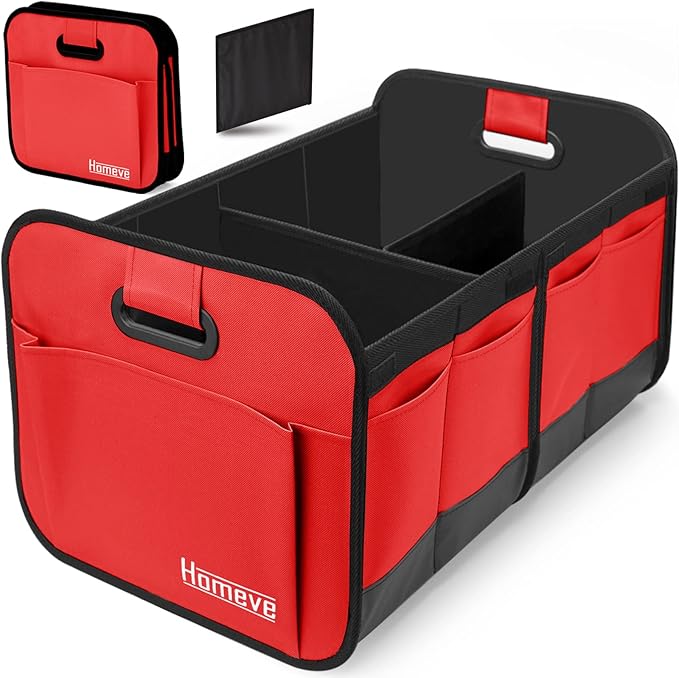 Homeve Trunk Organizer, Car Storage, Reinforced Handles, Collapsible Multi-Compartment, Foldable, Waterproof, Sturdy, 600D Oxford Polyester For Car, SUV, Mini-Van, Red, 2 Compart | Collapsible