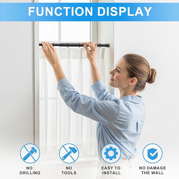 1 Pack Spring Loaded Tension Rod 27-38" Adjustable Curtain Rods No Drill Extendable Spring Rod Tension Curtain Rods For Window Kitchen Shelves Rv Refrigerator And Small Spaces,Black
