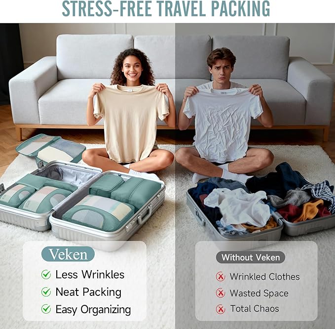 Veken 8 Set Packing Cubes for Travel Essentials, Suitcase Organizer Bags in 4 Sizes, Carry-On Luggage Accessories with Large Laundry & Shoes Bag, Must-Have for Airplane, Road Trip & Camping