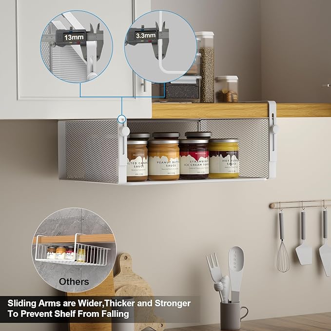 2Pack Under Shelf Basket Organizer,Adjustable Hanging Holder for Cabinet Pantry Kitchen Cupboard Desk Counter Bookshelf Organization Add-on Space Saver Heavy Duty Slide-in (White, Large)