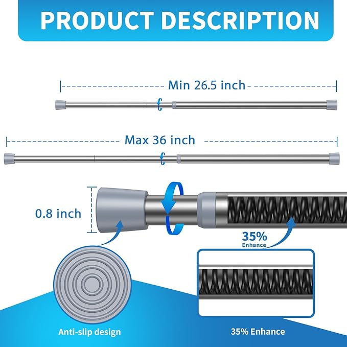 AIZESI 2 Pack Tension Rods for Windows 26.5 to 36 inch, Adjustable Pressure Spring Curtain Rods No Drilling, Curtain Rods for Doorway Closet Door, Silver