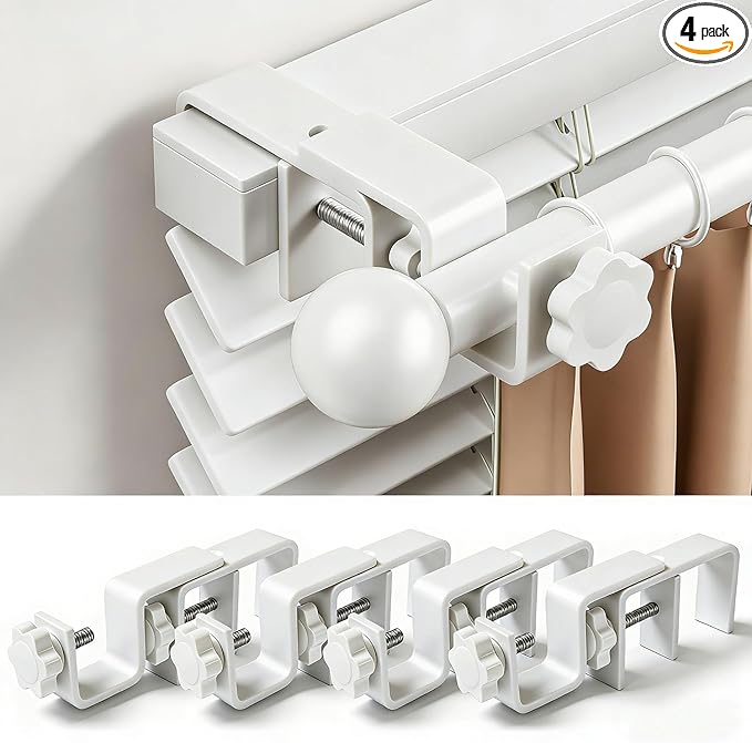 Mimiio No Drill Curtain Rod Brackets for Outside-Mount Blinds, Tool-Free Over-Blind Curtain Rod Holders, Fits 1-2" Rectangular Headrails, No Wall Damage, Renter Friendly Window Hardware, 4 Pack, White