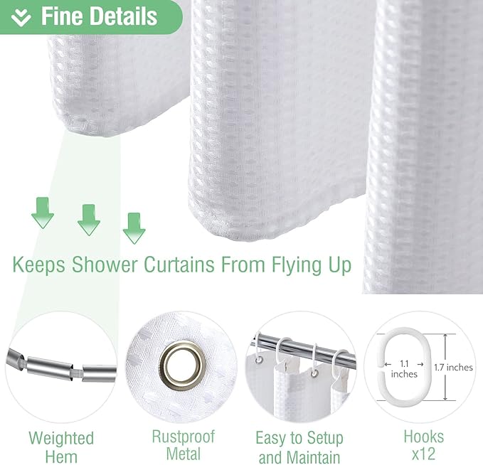 Dynamene Long White Fabric Shower Curtain - Waffle Textured Tall Heavy Duty Cloth Shower Curtains for Bathroom, 256GSM Large Hotel Spa Luxury Bath Curtain Set with 12 Plastic Hooks(72Wx80H, White)