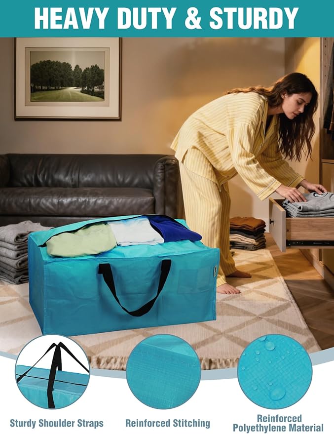 WORKPRO 4 Pack Extra Large Moving Bags with Zippers & Carrying Handles Backpack Straps, Heavy-Duty Storage Tote for Space Saving Moving Storage (Blue)