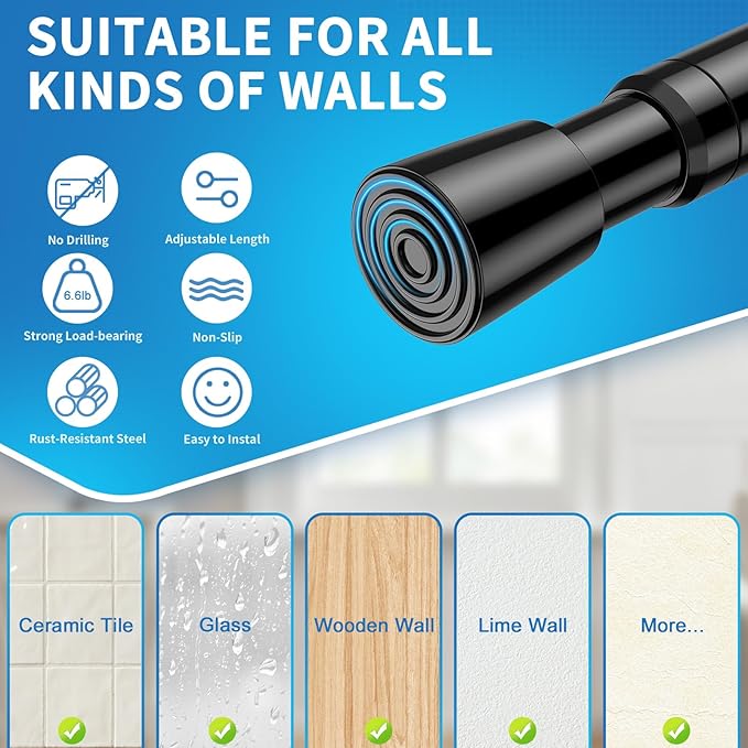 AIZESI 2 Pack Tension Rods for Windows 26.5 to 36 inch, Adjustable Expandable Pressure Spring Curtain Rods No Drilling, Black Curtain Rods for Doorway Closet Door