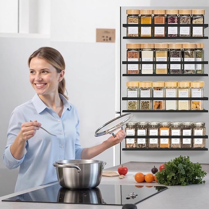 SMRCAD Magnetic Spice Rack for Refrigerator, 4pack Magnetic Shelf for Fridge Space Saving Seasoning Organizer for Any Metal Surface No Drilling Needed (4pack-Black)