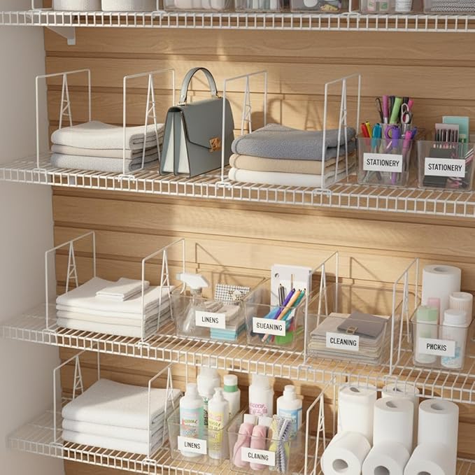 Wire Shelf Dividers - White Closet Organization & Storage Organizer - No Tool Shelf Divider for Wire Shelves - Metal Shelf Accessories – for 12“ Deep Wire Shelves – Tall 12” Height – 8 Pack