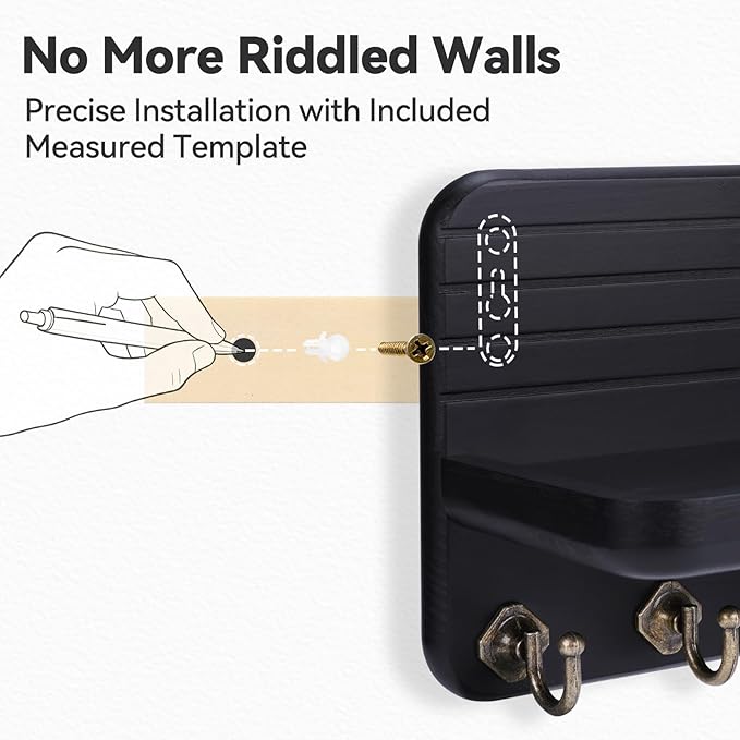 Key Holder for Wall, Mail Organizer Wall Mount with 6 Hooks Wooden Hanging Key Rack for Home Decor, Hallway, Entryway (Black)