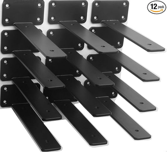 12 Pack - 8 inch Black Hidden L Shelf Bracket (1/5 Inch Thicked) Iron Floating Shelf Brackets Rustic Industrial Metal Brackets for Shelf Support