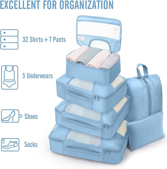 Veken 8 Set Packing Cubes for Travel Essentials, Suitcase Organizer Bags in 4 Sizes, Carry-On Luggage Accessories with Large Laundry & Shoes Bag, Must-Have for Airplane, Road Trip & Camping