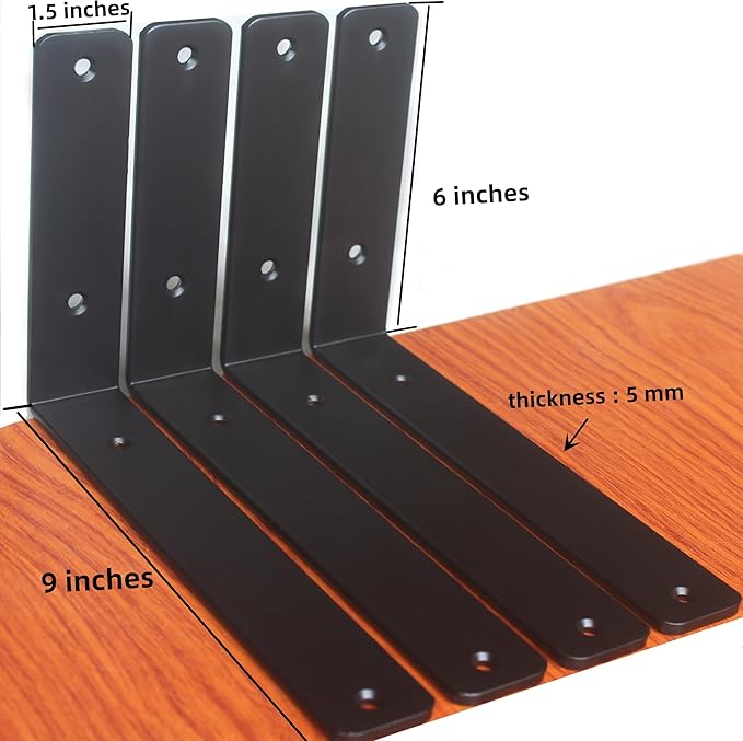 8 Pack - L 9" x H 6" x W1.5, 5mm Thick Black L Shelf Bracket, Iron Shelf Brackets, Metal Shelf Brackets, Floating Shelf, Shelf Supports with Screws