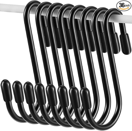 Hotop 36 Pcs Black S Hooks for Hanging 2.4 Inch Heavy Duty S Shaped Hook Rack Metal Non Slip Hanger for Christmas Tree Stocking Kitchen Pot Utensils Closet Wire Bathroom Bedroom Pan Bag Towel Plant
