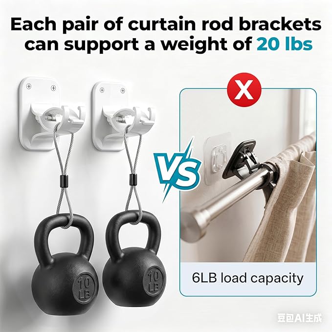 No Drill Curtain Rod Brackets - 20LB, 4 Pack Self Adhesive Curtain Rod Holder, Peel and Stick Wall Hooks, Renter Friendly Upgrades for Apartment, Kitchen, Bathroom, Dorm, Living Room and RV