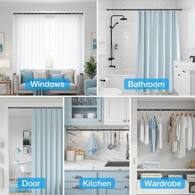 Shower Curtain Rod 44-77 inch Black Tension Rod Shower rod Non Slip Tension Curtain Rod Adjustable Curtain Rods No Drilling Shower Rods for Bathroom Windows Closet