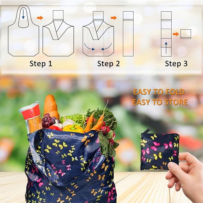 Reusable Grocery Bags,4 Pack 50LBS Foldable Washable Fashion Shopping Bags, Portable Tote Bags Gifts for Women (Butterfly 4 Pack)