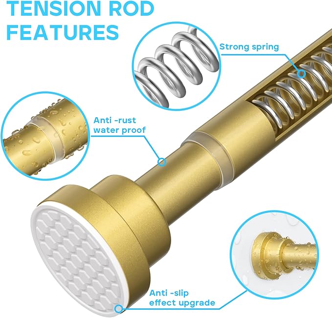 1 Pack Gold Spring Tension Curtain Rod 30-64 Inches, 7/8" inch Adjustable Curtain Rod No Drill, Anti-slip Spring Curtain Rod for Windows Bathroom Kitchen Closet Doorway