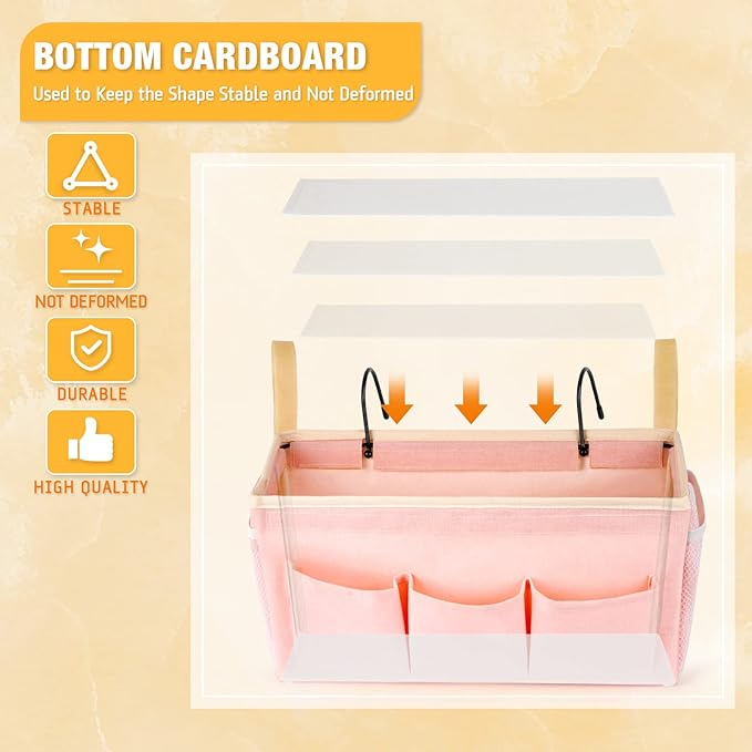 Lilithye Bedside Caddy Bedside Organizer Bedside Storage Caddy with Fixed Straps and Water Bottle Holder for Home College Dorm Bunk Bed Hospital Bed Crib Bed Rails (Pink)