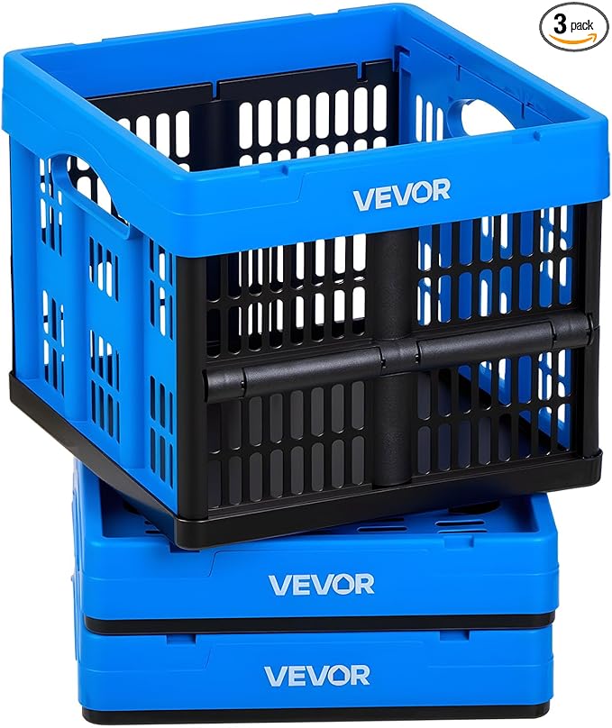 VEVOR Plastic Collapsible Storage Bins, 25L 3 Packs, Stackable Folding Storage Crates with Handles, Holds 22 lbs Per Bin, Foldable Heavy Duty Containers, Space-Saving Baskets, for Home Organizing