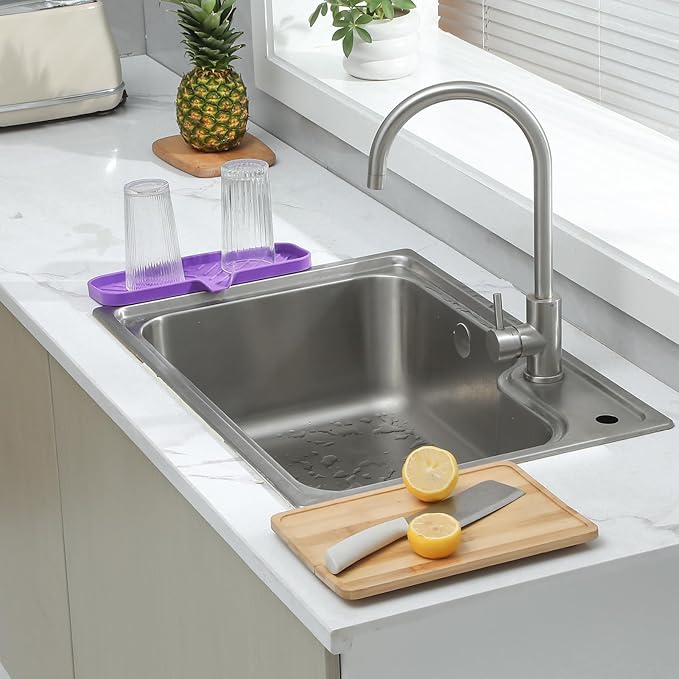 MicoYang Silicone Soap Dish with Drain Spout — Self-Draining Double Sink Organizer Tray for Kitchen & Bathroom, Dispensers, Sponges & Soap Holder, Non-Slip & Dishwasher Safe, Purple (Large, 12"×4")