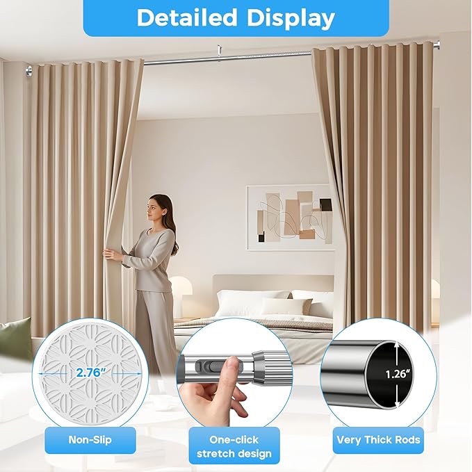 AIZESI 41-100 Inch Heavy Duty Silver Tension Curtain Rod - No Drilling, Adjustable, Rust-Proof for Outdoor, Living Room, Bathroom