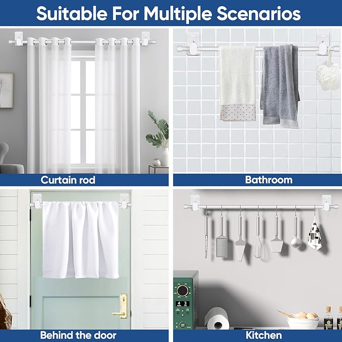 SIMEWIN Curtain Rods No Drilling for Windows 30 to 90 Inches, 5/8 Inch Diameter No Drill Small Curtain Rod Set with 3M Adhesive Brackets, White