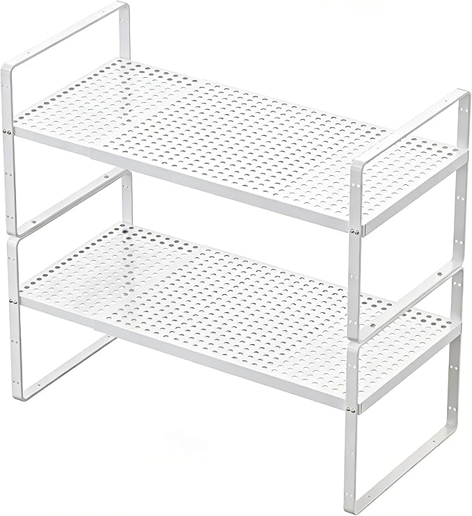 Expandable Kitchen Shelf Organizers, Kitchen Cabinet Organizer Stand Rack Organization for Countertop Cupborad Pantry, White 2 Pack