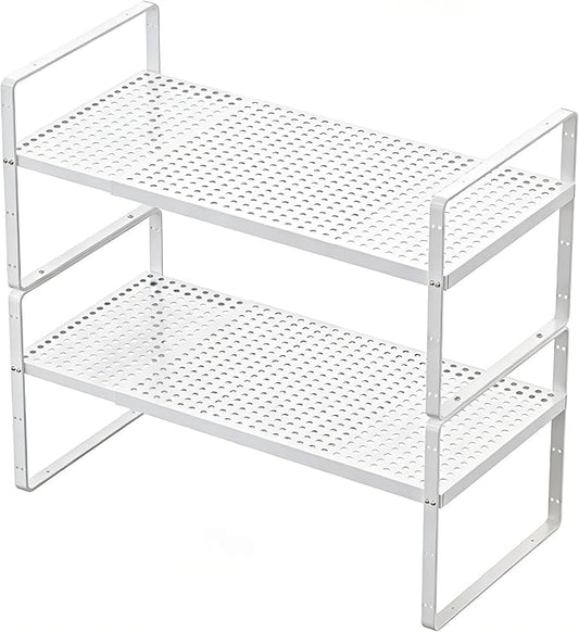 Expandable Kitchen Shelf Organizers, Kitchen Cabinet Organizer Stand Rack Organization for Countertop Cupborad Pantry, White 2 Pack