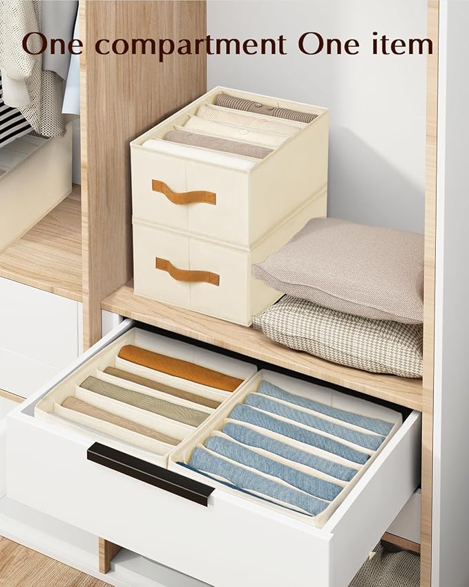 Homsorout Clothes Organizers and Storage - 4/5/7 Grids Fabric Jeans Organizer with Handles, Foldable Closet Organizers Dividers, Wardrobe organizer for Pant, Sweater, T-shirt, Scarf, 3 Pack, Beige