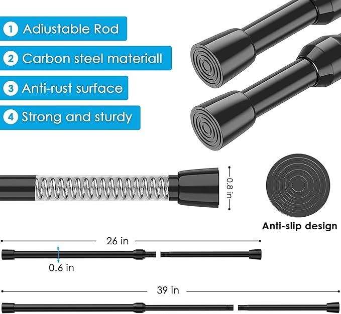 3Pcs Tension Curtain Rod 26-39 inch Spring Tension Rod, Black Tension Rod Adjustable Curtain Rod, Small Tension Rod Curtain Tension Rod for Kitchen, Bathroom, Window, Bookshelf,Closet.