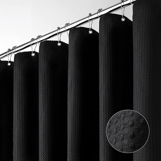 Dynamene Extra Wide Shower Curtain-108 Inch Wide Waffle Weave Weighted Thick Cloth Bathroom Shower Curtain, Neutral Heavy Duty Hotel Bath Curtain Set with 18 Plastic Hooks,108x72,Black