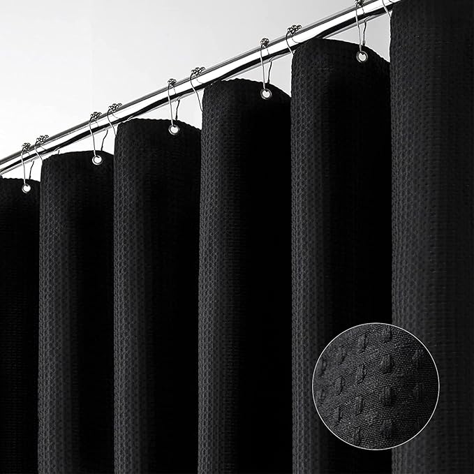 Dynamene Extra Wide Shower Curtain - 180 Inch Wide Waffle Weave Weighted Thick Cloth Bathroom Shower Curtain, Neutral Heavy Duty Hotel Bath Curtain Set with 32 Plastic Hooks,180x72, Black
