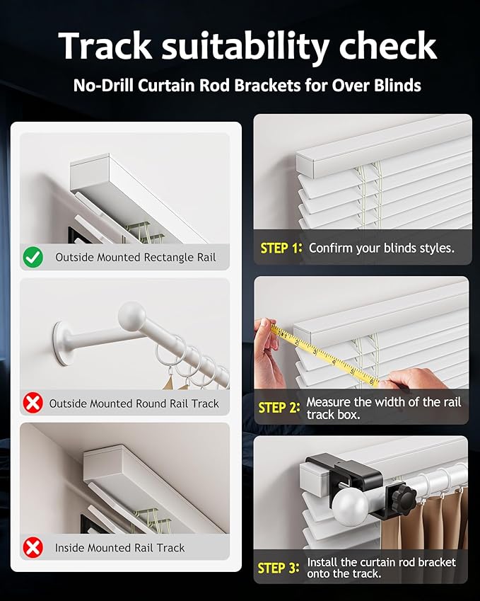 Mimiio No Drill Curtain Rod Brackets for Outside-Mount Blinds, Tool-Free Over-Blind Curtain Rod Holders, Fits 1-2" Rectangular Headrails, No Wall Damage, Renter Friendly Window Hardware, 4 Pack, Black