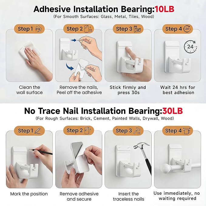 Universal Heavy Duty Curtain Rod Brackets, No Drill Curtain Rod Brackets with Adhesive & Invisible Nail, 30+LB Load Curtain Rod Holders, Damage Free Curtain Rod Hooks for Wall, Bathroom, Kitchen 4PC
