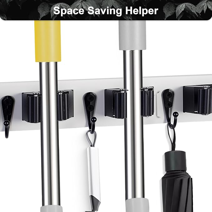 FunCee Broom Holder Wall Mount With 5 Slots & 4 Hooks，Rustic Wood Broom & Mop Hanger，Wall Mounted Garden & Garage Tool Storage Organizer Rack for Closet Laundry Room or Kitchen Wall Decor White