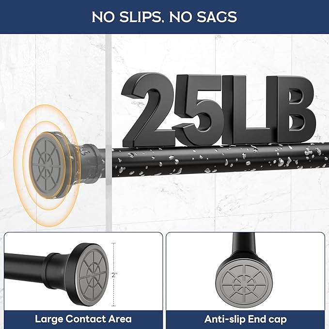 Adjustable Shower Curtain Rod 31-104 Inch, Never Rust Stainless Steel Black Tension Rod, 1" Heavy Duty No-Drill for Bathroom, Kitchen & Closet