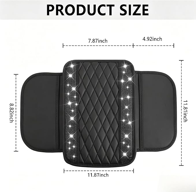 Stacool Upgraded Car Center Console Cover with Rhinestones,Microfiber Leather Car Armrest Cover Cushion with 2 Storage Bags,Universal Cars Armrest Storage Box as Cars Interior Accessories