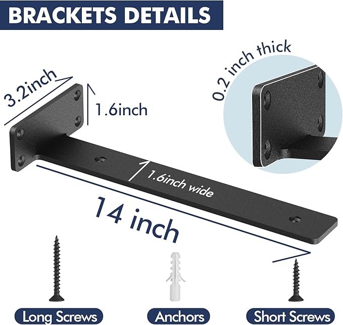 Starunder 4 Pack Floating Shelf Brackets,14 inch Heavy Duty Industrial Shelf Bracket, Black Metal L Brackets for Shelves Support DIY(1/5 Inch Thicked)