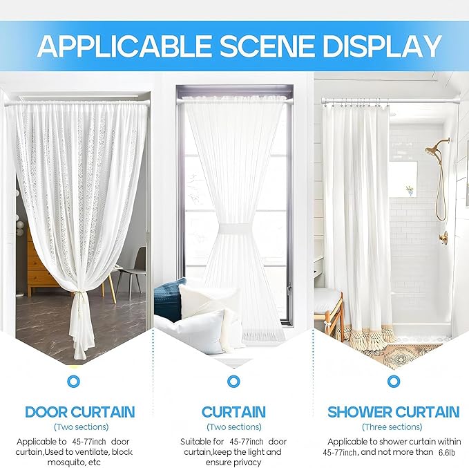 1 Pack Spring Tension Rods 45-77 Inches, 7/8 Inch Diameter White No Drill Spring Loaded Adjustable Extendable, Small Short Tension Curtain Rod for Windows Kitchen Doorway Closet Cupboard