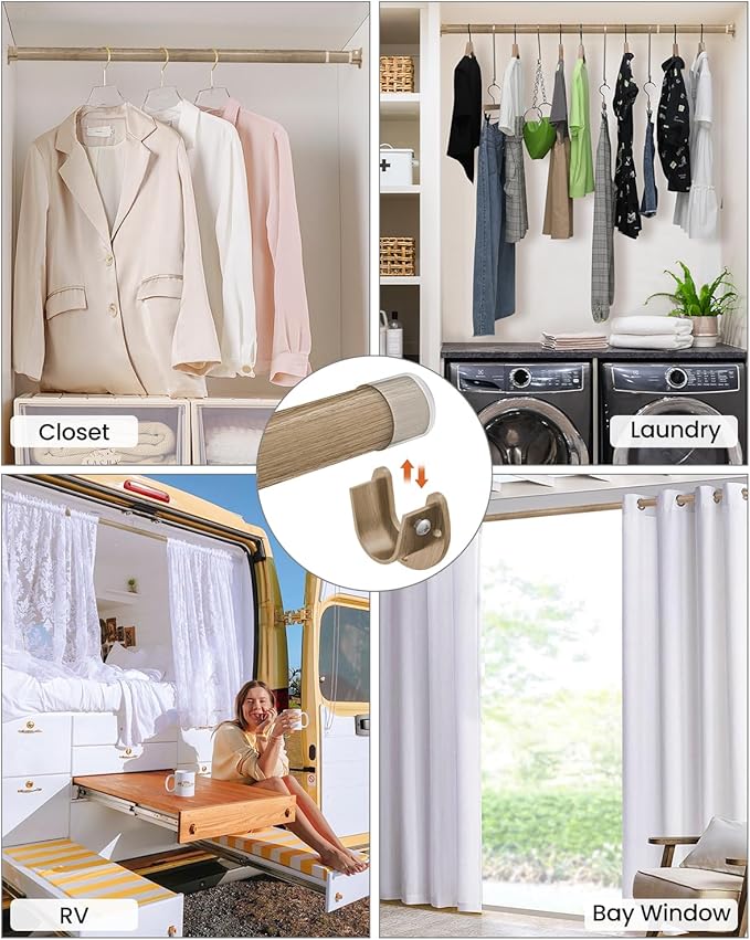 Closet Rods for Hanging Clothes, 17 to 84 Inches Stepless Adjustable Metal Closet Rod, 1.3 Inches Heavy Duty Clothes Hanging Rod for Closet Wardrobes Laundry RV(Wood Grain)
