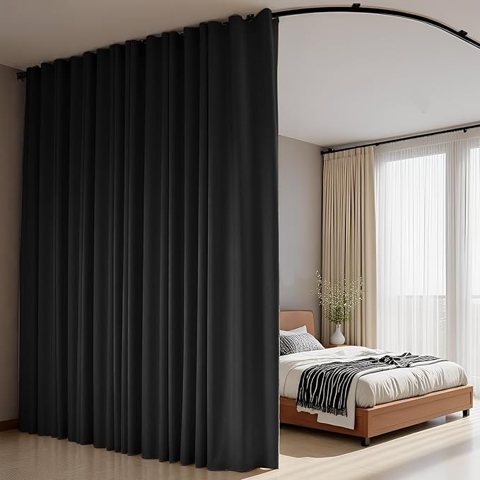 Room Divider Curtains Flexible Ceiling Tracks Set Curtain Track Ceiling Mount Blackout Curtain for Living Room Bedroom Ceiling Curtain Rod Privacy Dividers Panels W100 x H108 Black Drape & Black Rail