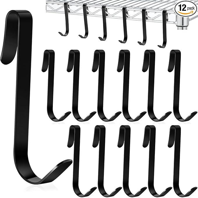 Yaocom 12 Pcs J Hook for Wire Shelving 3.6 Inch Large Heavy Duty Metal Shelf Hooks for Wire Shelves Racks Closet Shelving Accessories (Black)