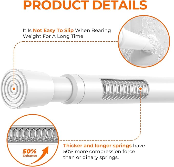 Tension Curtain Rod 18-39 Inch with 2 Brackets Adjustable Spring Loaded Curtain Rods No Drilling Extendable White Tension Rod for Window Door Closet Bookshelf Kitchen Bathroom