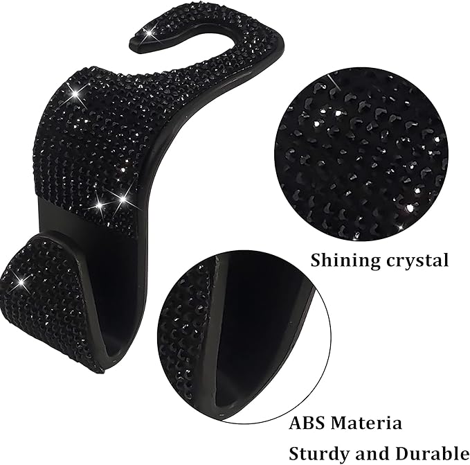 Dermasy 2 Pack Car Hooks, 2021 New Bling Rhinestones Crystal Hooks Car Decorations Auto Seat Back Organizers Strong and Durable Backseat Hanger Storage Universal for SUV Truck Vehicle (Black)
