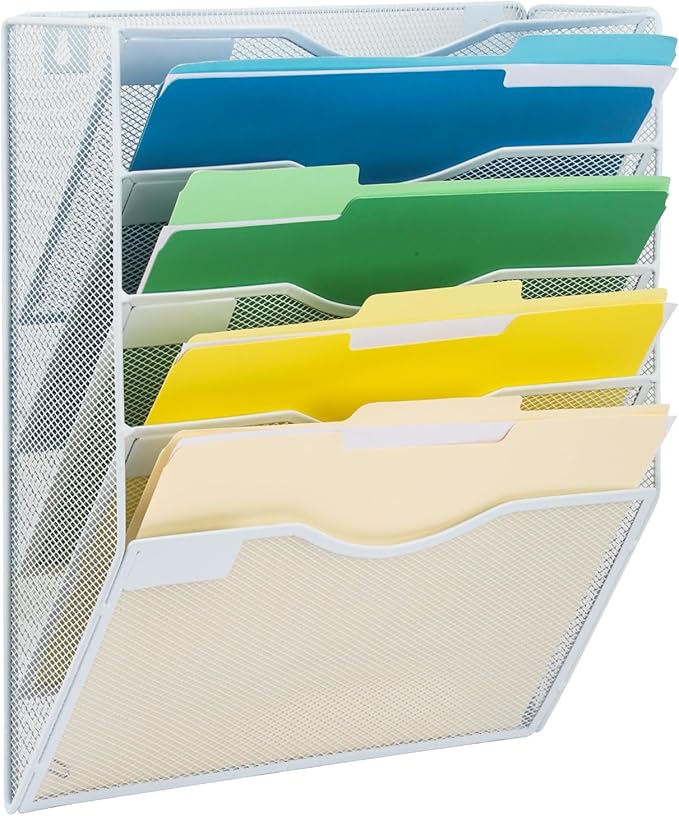 EASEPRES 5 Pocket Mesh Hanging Wall File Organizer, Wall Mounted Mail Paper Document Folder Holder, Clipboard Storage Organization Magazine Rack with Nametag Label for Office Home School, White