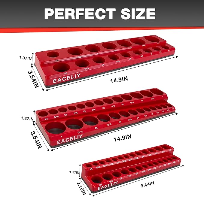 EACELIY 3Pcs 1/2", 1/4" and 3/8" Magnetic Socket Organizer Set,SAE Socket Holder Kit, Socket Trays，holds 68 Deep and Shallow 3/8" Sockets(sockets not included)