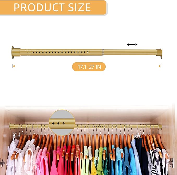 1.3 Inch Diameter Closet Rods for Hanging Clothes 17-28 Inch Adjustable, Metal Heavy Duty Closet Pole, Gold Closet Bar for Hanging Clothes, Suitable for Closet, Wardrobes, Bathroom, Windows
