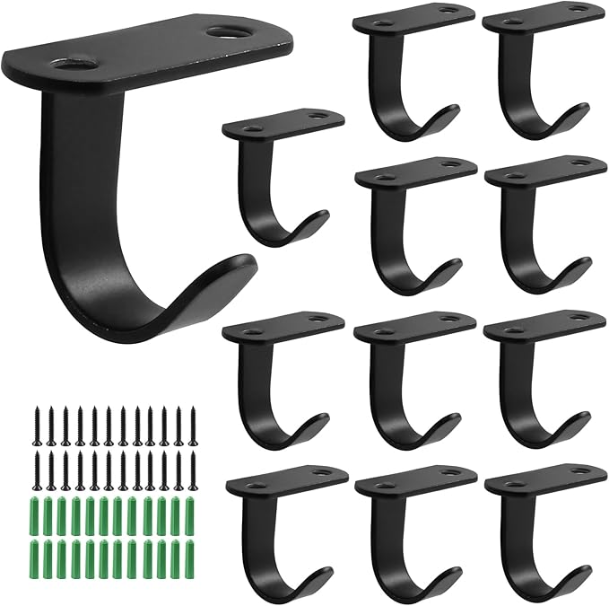 Piutouyar 12 Pack Black Screw Mounted Ceiling Hooks, Heavy Duty Under-Shelf Coat Hook, Stainless Steel Towel/Robe Clothes Hook Hanger for Cabinet, Kitchen, Cupboard, Bathroom