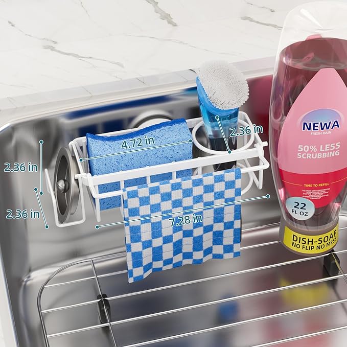 TAILI 4-in-1 Sink Caddy with Strong Suction Cup, Sponge Holder for Kitchen Sink Organizer, Removable, Rustproof, Stainless Steel Holder for Sponge, Brush, Scrubber, Scraper - White